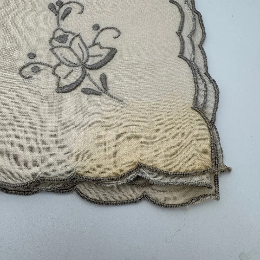 Vintage Embroidered Napkins Gray edges with Gray Flowers set of 6 plus 1